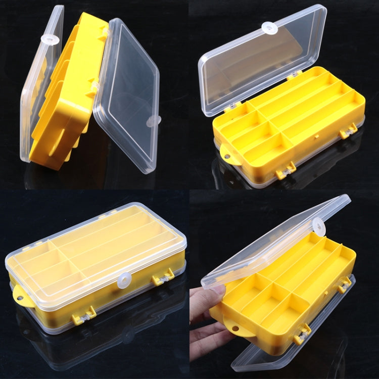 Clear-lidded lure box with hinged panels and open yellow compartment tray
