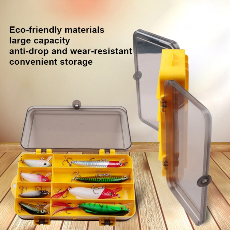 Double-sided yellow lure storage box with transparent open lid and lures inside
