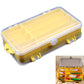 Clear-lidded double-sided lure storage box with yellow base and side latches