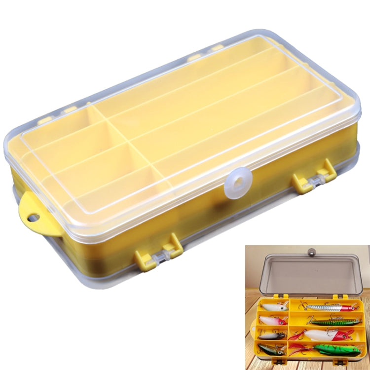 Clear-lidded double-sided lure storage box with yellow base and side latches