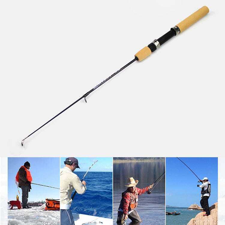 Portable ice fishing rod with yellow cork handle, black shaft, and metal tip guides