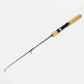Ice fishing rod with yellow cork grip, black body, and extended fishing line tip