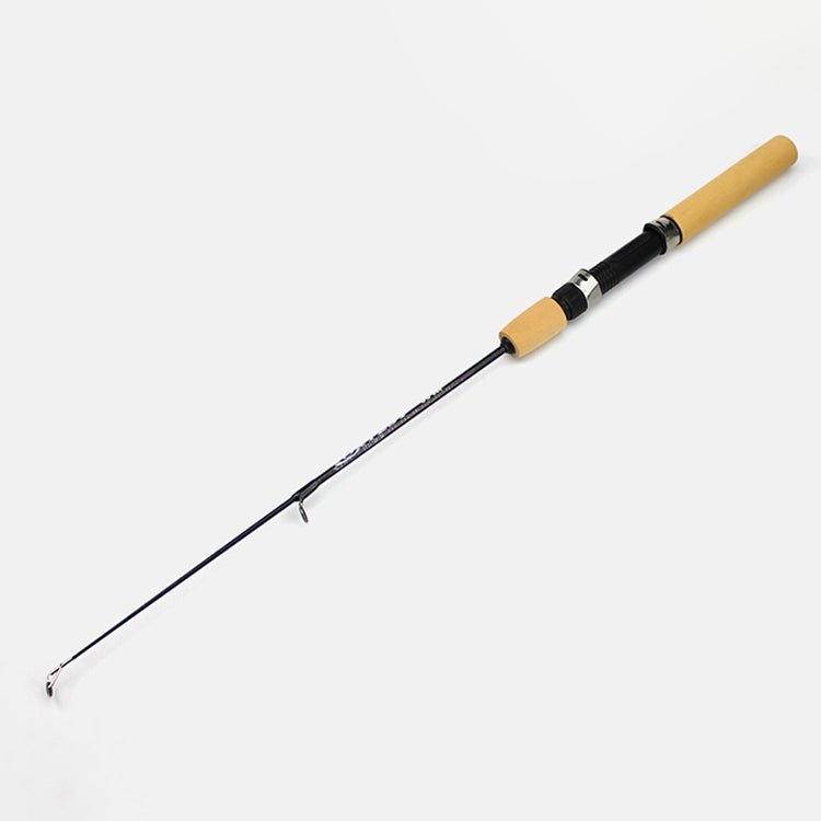 Ice fishing rod with yellow cork grip, black body, and extended fishing line tip