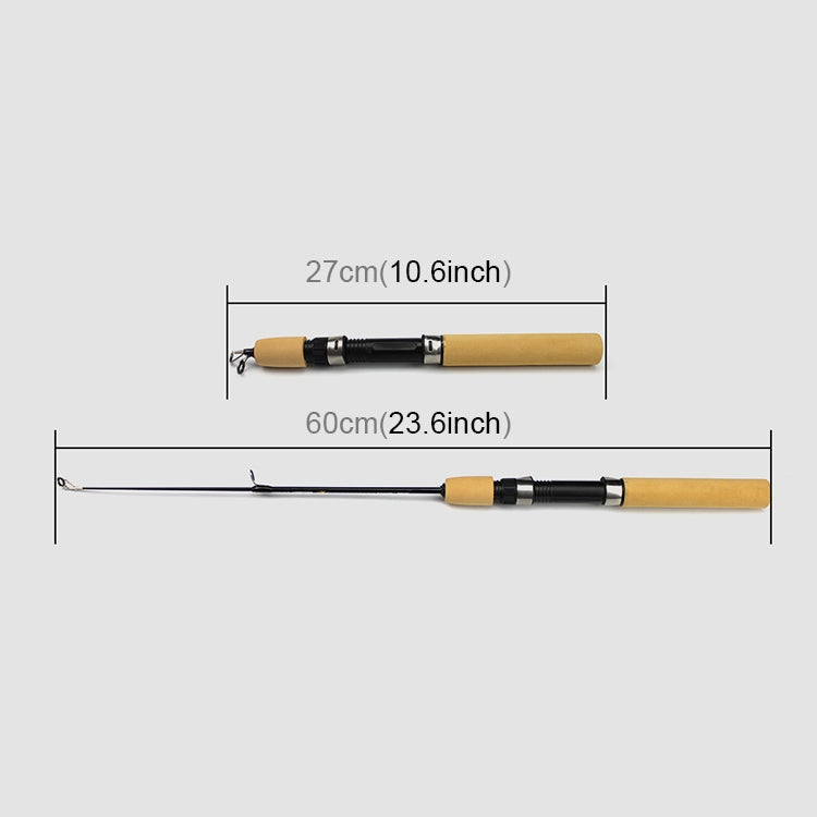 Folded ice fishing rod and extended length measurement diagram with yellow handle