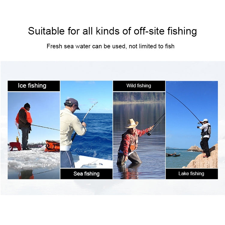 Ice fishing rod on promotional layout with multiple fishing style photos