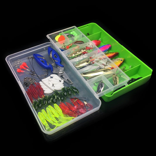 Open fishing bait lure kit case with assorted crankbaits, spinners, and soft lures