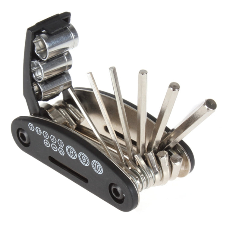 16-in-1 folding bicycle repair multi-tool with hex bits and socket heads, black handle