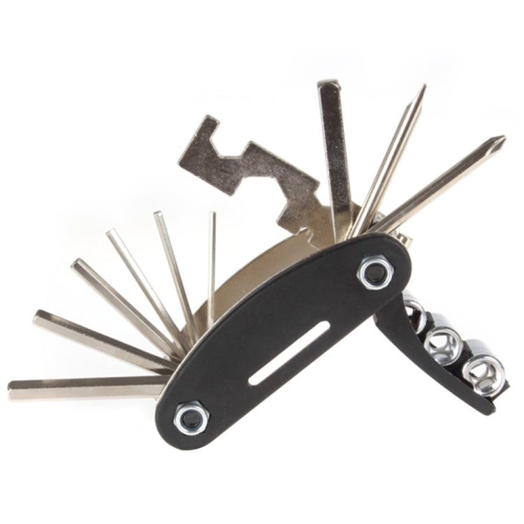Folding bicycle multi-tool with fold-out hex keys, bits, and a wrench attachment