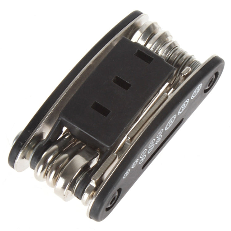 Black folding 16-in-1 bicycle tool with multiple socket inserts and hinged bit holder
