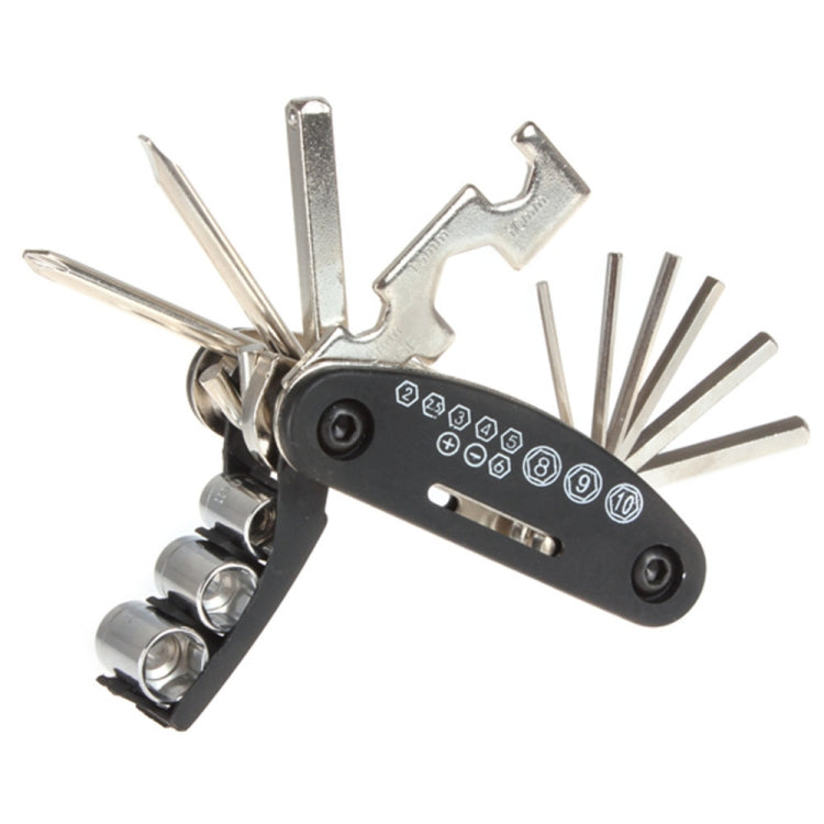 Folding 16-in-1 bicycle repair multi-tool with wrenches and hex bits on black frame