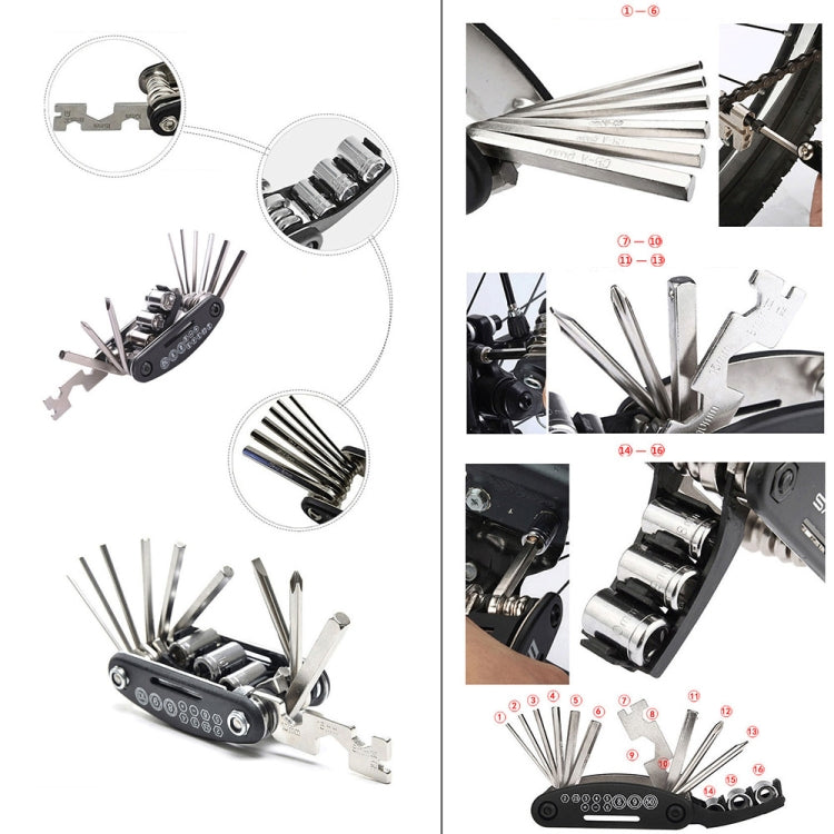 Folding 16-in-1 bicycle repair tool with assorted hex bits and socket heads, multi-view