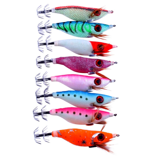 Noctilucent plastic squid lures set with 8 colorful hard baits and feather tentacles