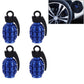 Dark blue grenade-style tire valve caps set, 4-pack with black rubber key loops