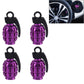 Purple grenade-style tire valve caps set, 4-pack with black rubber key loops