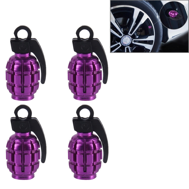 Purple grenade-style tire valve caps set, 4-pack with black rubber key loops