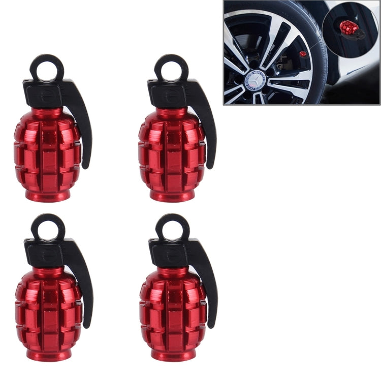 Red grenade-style tire valve caps set, 4-pack with black rubber key loops