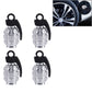 Silver grenade-style tire valve caps set, 4-pack with black rubber key loops
