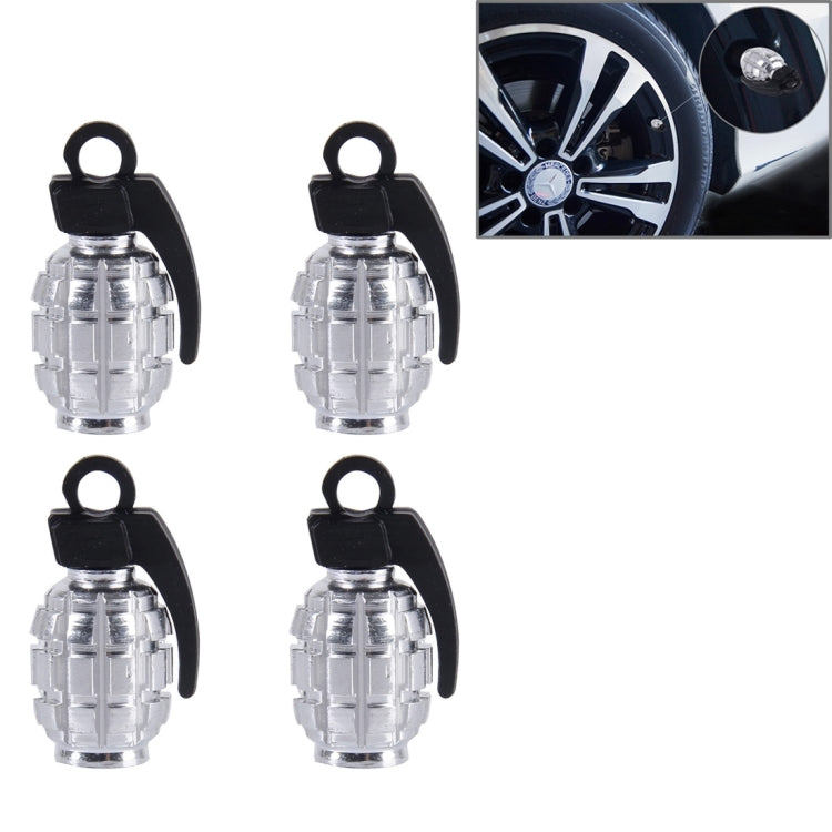 Silver grenade-style tire valve caps set, 4-pack with black rubber key loops
