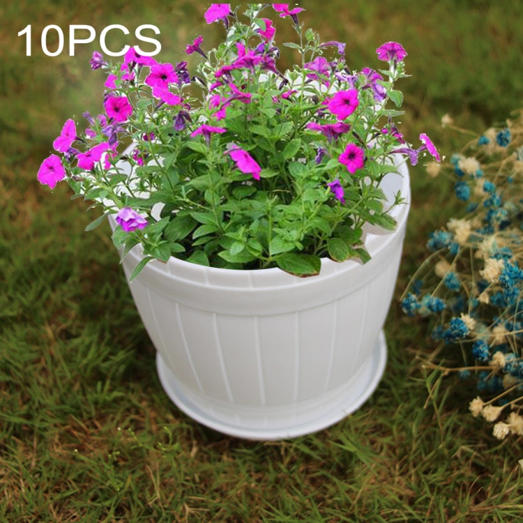 White plastic barrel-style flower pot with matching tray, 9cm top diameter