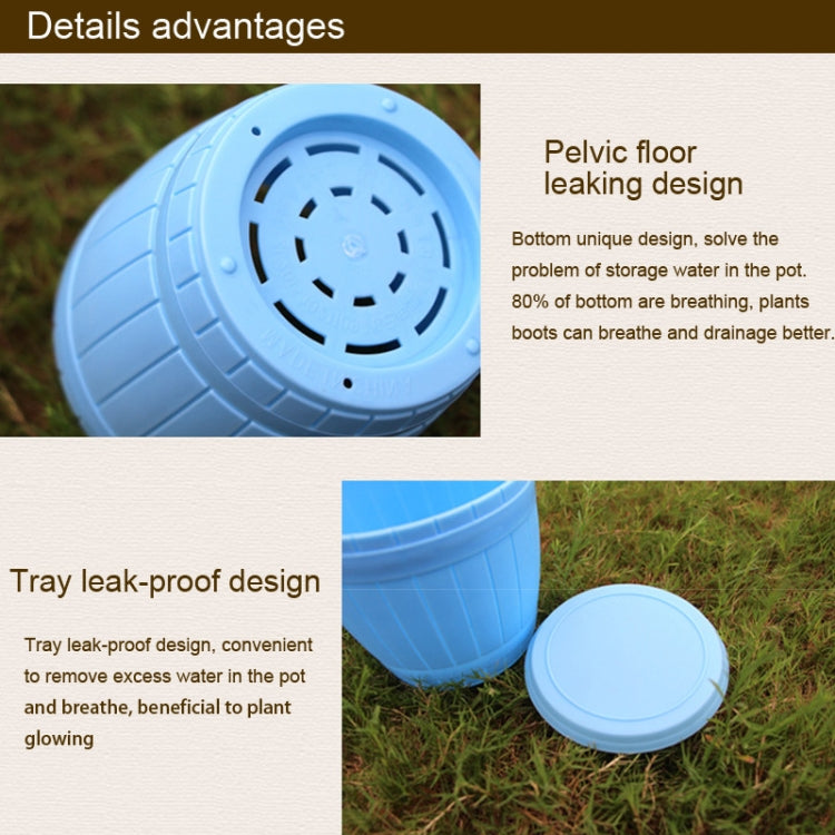 Blue plastic flower pot bottom with perforated base and removable tray