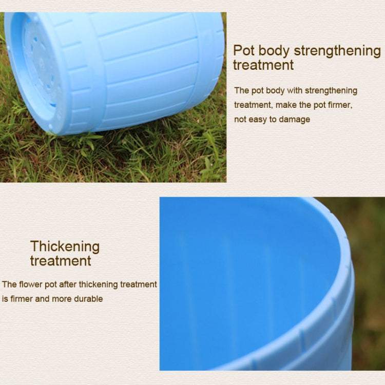Close-up of blue plastic flower pot body with ribbed barrel texture
