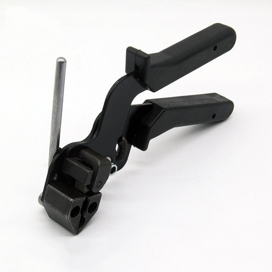 Black cable tie cutting gun with spring mechanism and metal guide pin