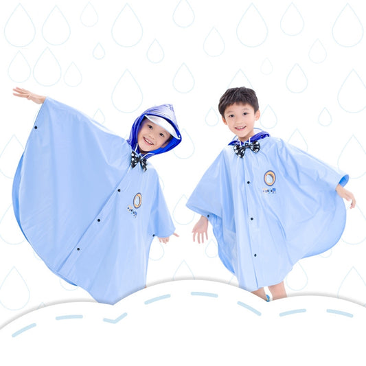 Kids hooded rain poncho cloak in light blue, with bow tie and button front