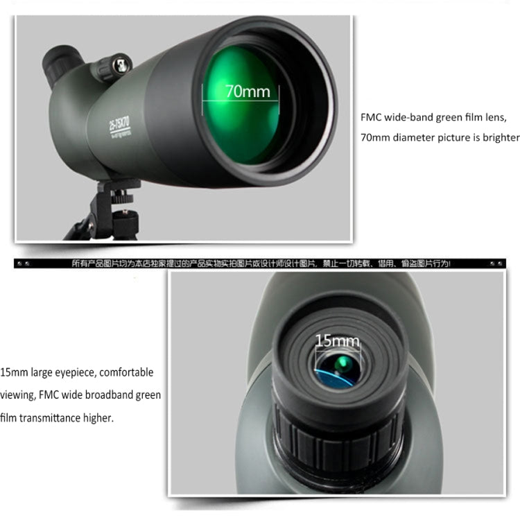 Monocular telescope lens close-up with green-tinted optics on tripod base.