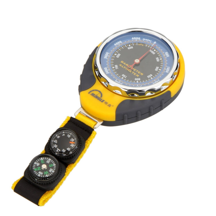 Yellow and black altimeter with wrist strap and compass module, side view.