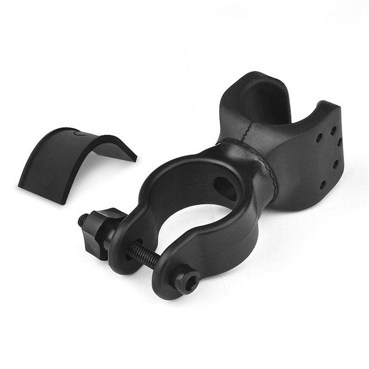 Black bicycle flashlight bracket with screw clamp and detachable side cover piece