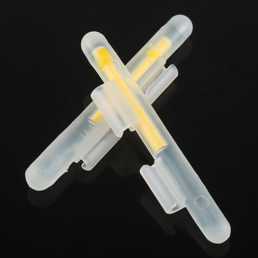 Clip-on luminous fishing light sticks with white clips and yellow centers, translucent body