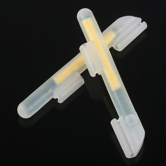 Crossed luminous clip-on night fishing light sticks with clear clips and pale blue glow