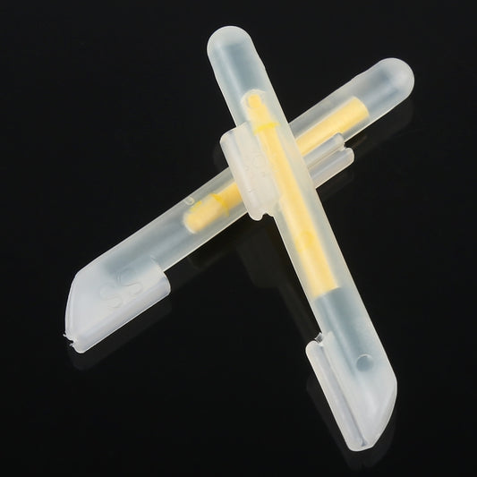 Clip-on luminous fishing light sticks, translucent blue holders with yellow inserts