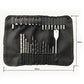 Drill bit set in black fabric roll case, showing assorted bits and a paddle-style spade bit