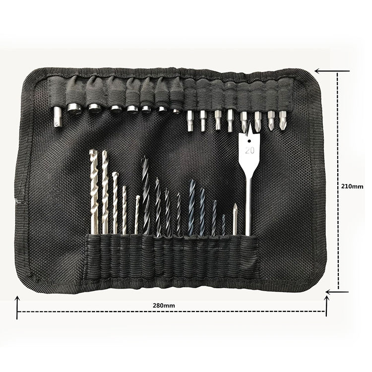Drill bit set in black fabric roll case, showing assorted bits and a paddle-style spade bit