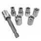 Metal socket-style driver bits with hex shanks, including a long bit and four short bits