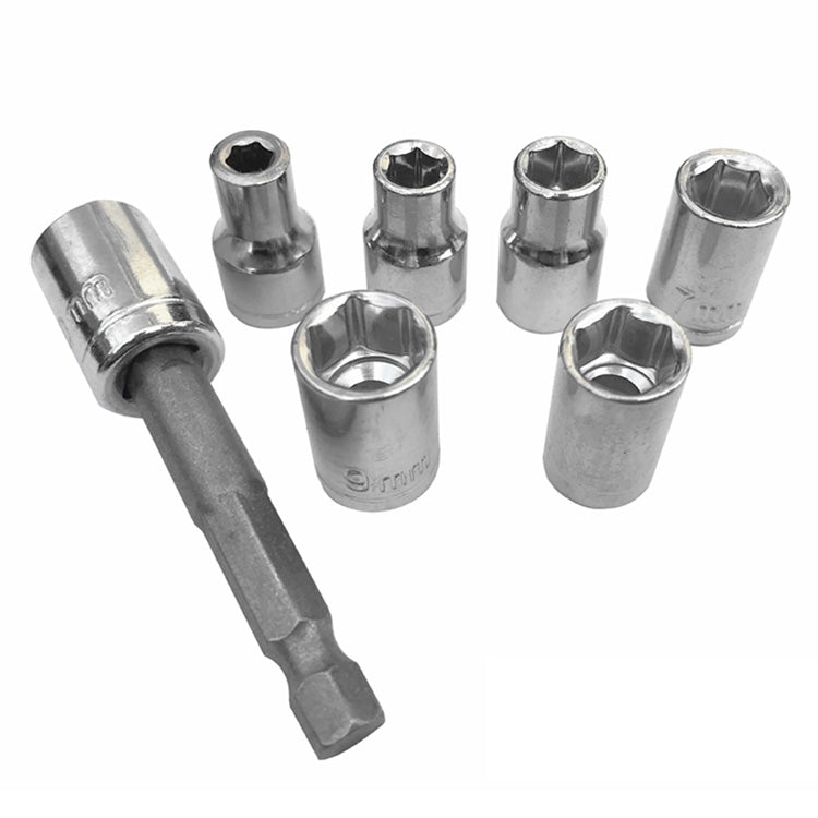 Metal socket-style driver bits with hex shanks, including a long bit and four short bits