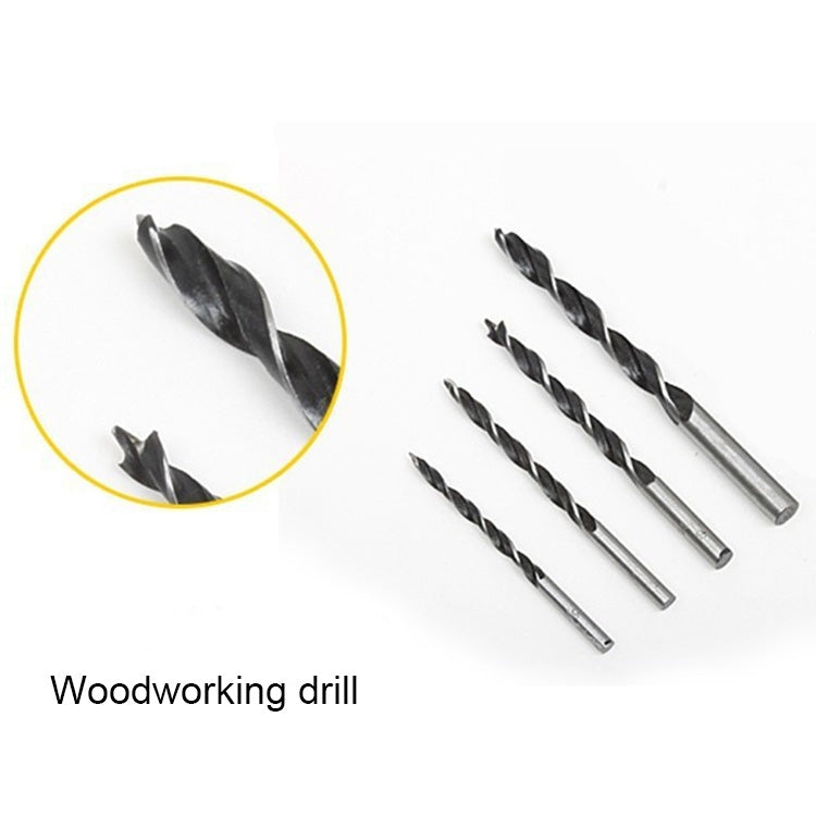 Assorted black twist drill bits with spiral tips, shown laid out in a set