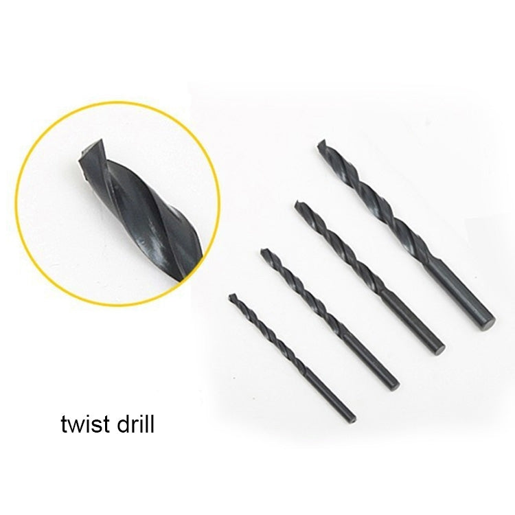 Black twist drill bits with spiral flutes and pointed ends, displayed in a row