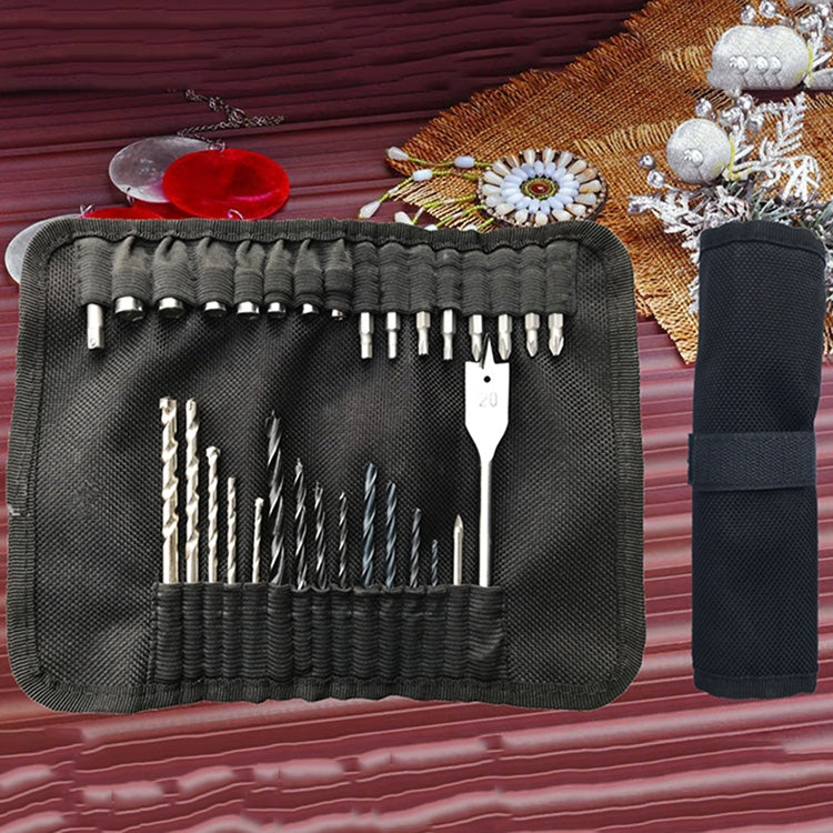 Drill bit set in black fabric pouch with organized bits, including a long spade-style bit