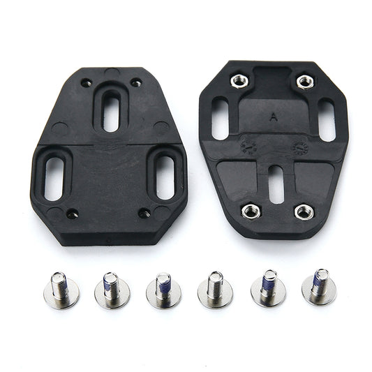 Black bike cleat spacer shim with mounting holes and bolts, front and back plates