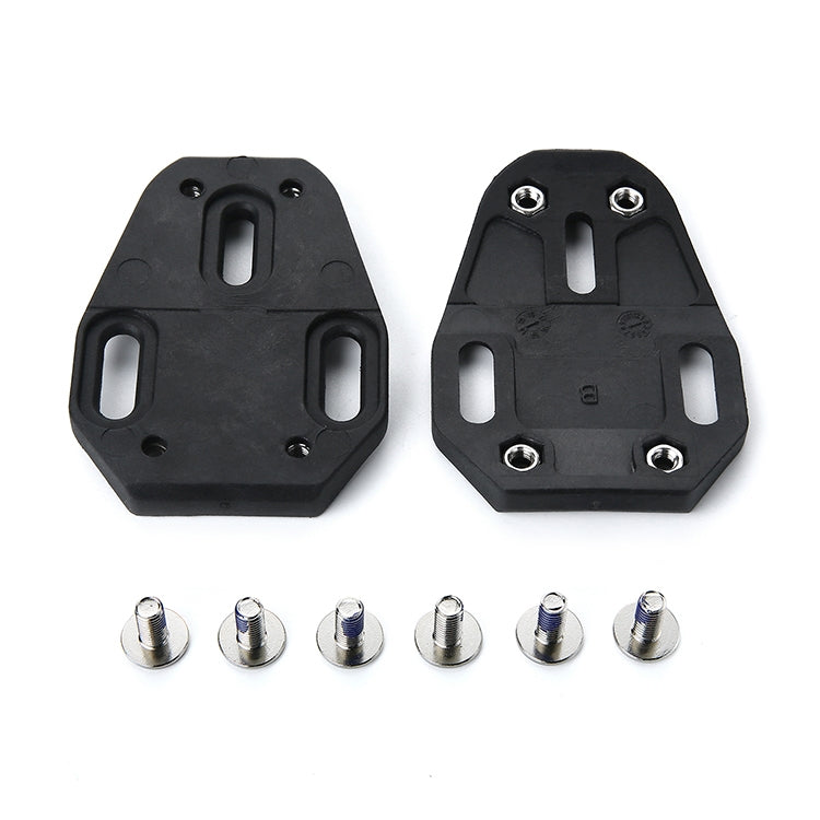 Black pedal cleat spacer shim with metal screws, two-piece view