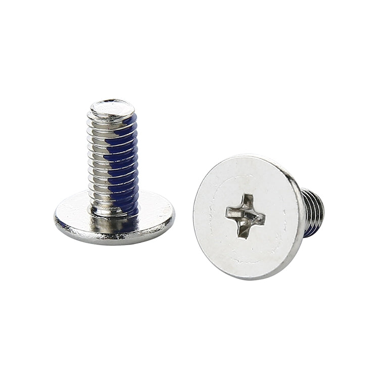Metal mounting screws with flat heads, silver with blue threads