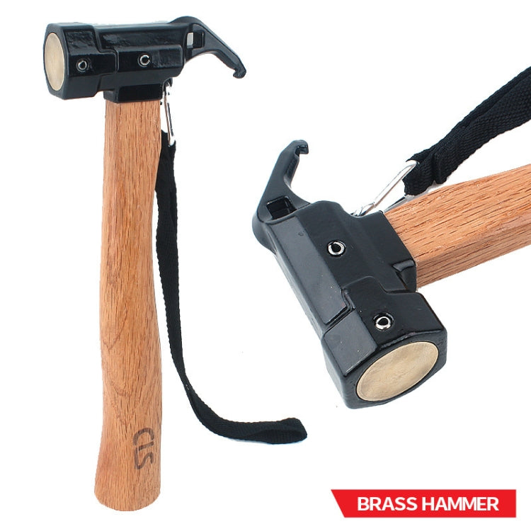 Shark-style nail puller hammer with black head, wooden handle, and rope lanyard