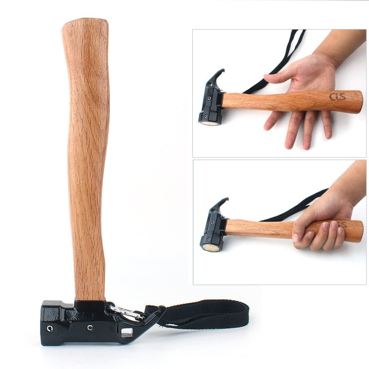 Shark-style nail puller hammer with wooden handle and black wrist strap
