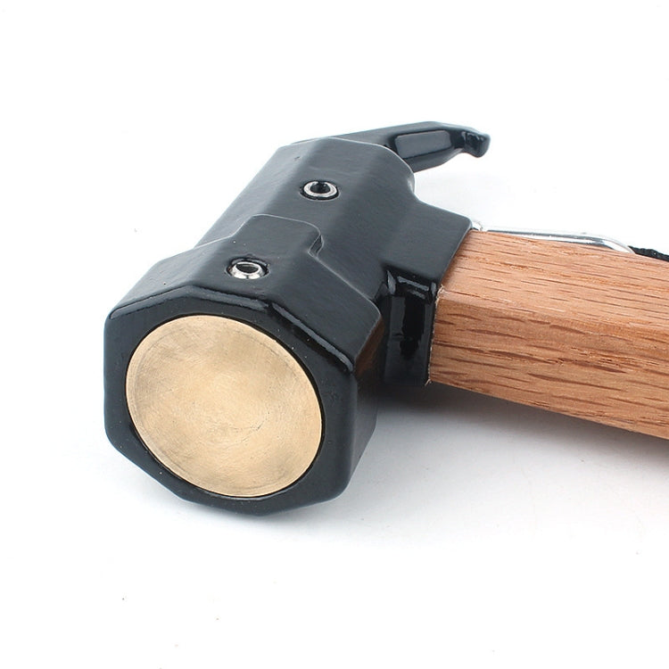 Shark-style nail puller hammer head with round brass-colored claw and wooden handle