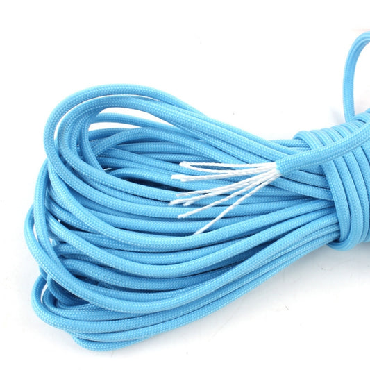 Fluorescent blue camping rope coil with visible twisted strands