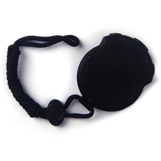 Black round digital stopwatch with wrist strap, back housing shown.