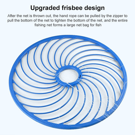 Blue circular cast fishing net with white monofilament mesh and center hole