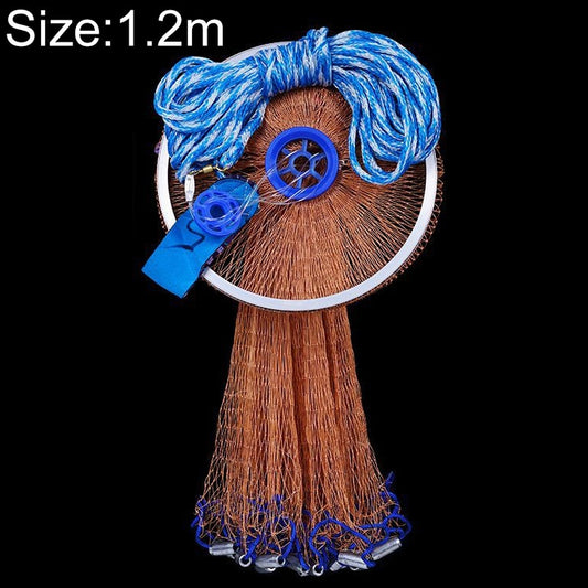 1.2m cast fishing net with blue tire cords and brown mesh, with blue rim and weights